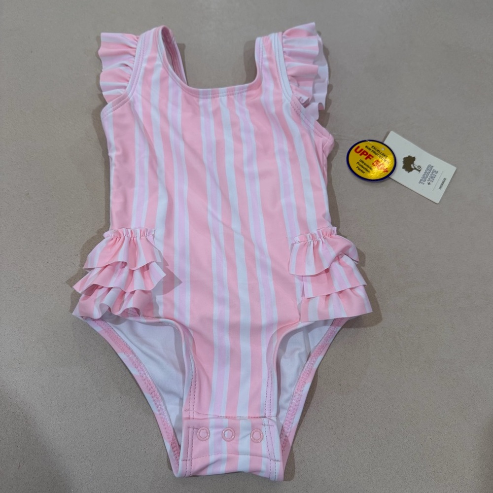 Tucker & Tate Pink and White Striped Ruffle Swimsuit